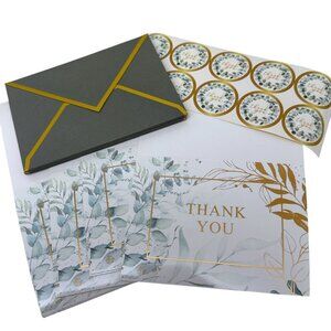 Thank you Cards Set of 10 Green Leaf Design w/ Stickers and Envelopes 3.75x5"